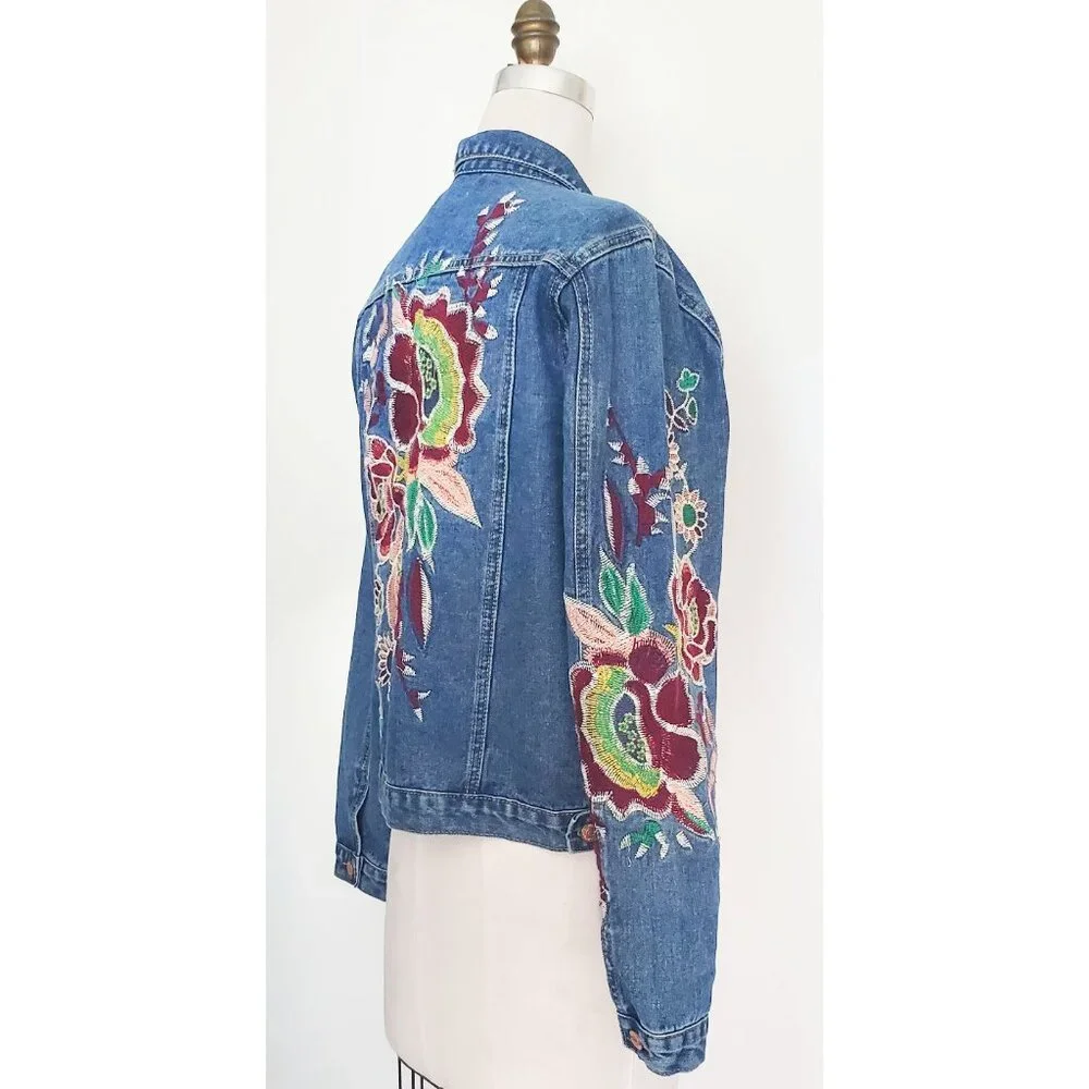 Glamorous Womens Denim Jean Jacket with Floral Embroidery 14